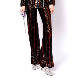 Zara The Abbey Striped Sequin Orange Black Flare Pants
